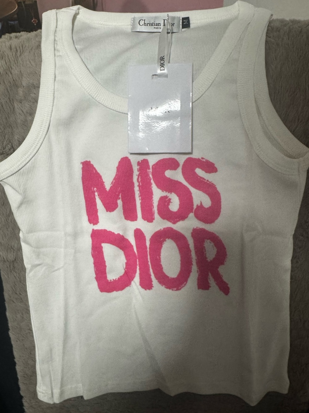 Dior White Tank with Pink Graphic Detail